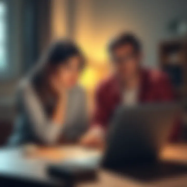 Couple worried about investment scam A worried couple discussing a fake investment email and its impact on their relationship, with a laptop displaying the email on the table