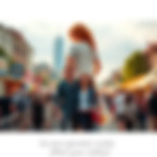 A giantess and her partner at a lively outdoor event, showcasing their relationship in a bustling crowd. The giantess towers over people as they enjoy the festivities.