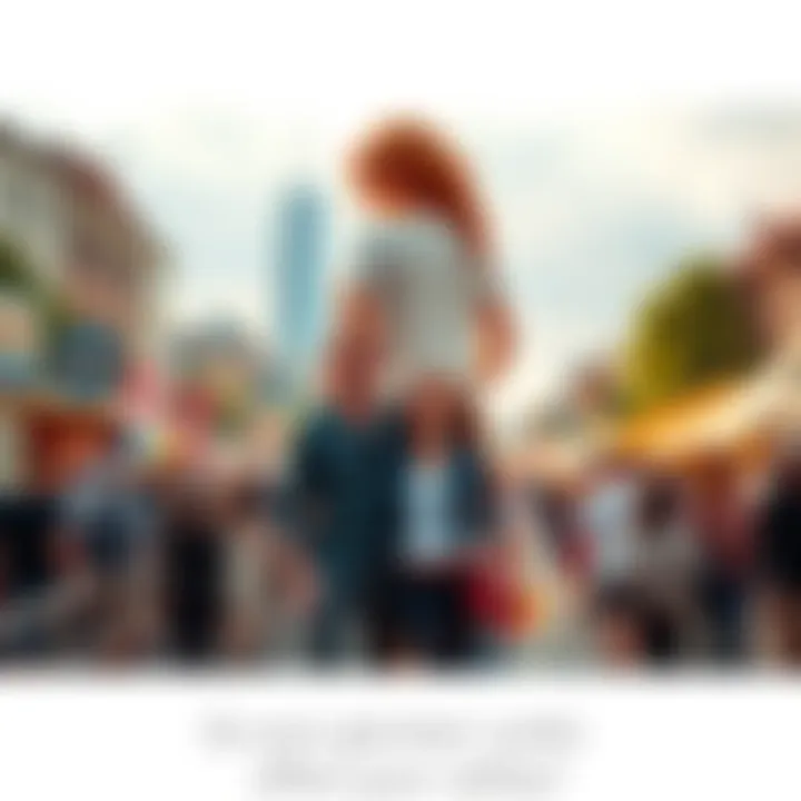 A giantess and her partner at a lively outdoor event, showcasing their relationship in a bustling crowd. The giantess towers over people as they enjoy the festivities.