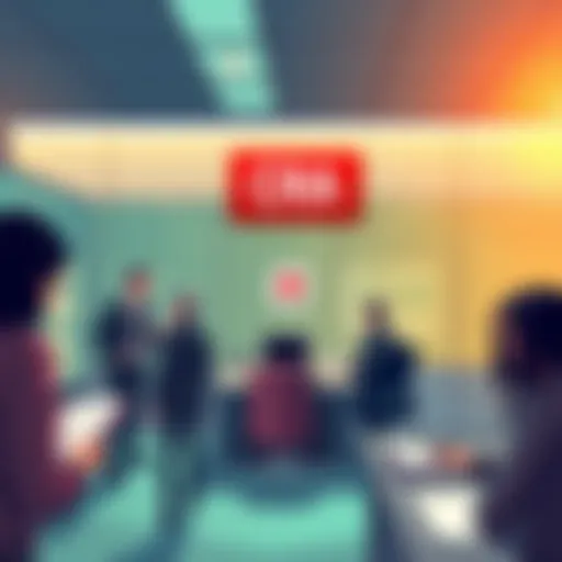 An illustration showing a Canadian Revenue Agency office with people discussing cryptocurrency tax enforcement, papers in hand, looking concerned.