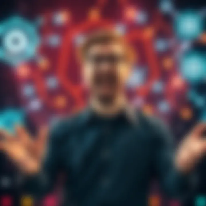 A person excitedly explaining vibe coding concept with digital graphics around them, symbolizing innovation in technology.