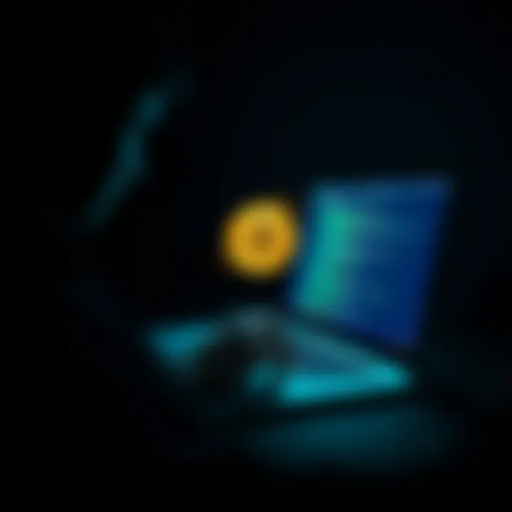A person using a laptop in a dimly lit room, with code and cryptocurrency symbols on the screen, showcasing anonymous Bitcoin creation.