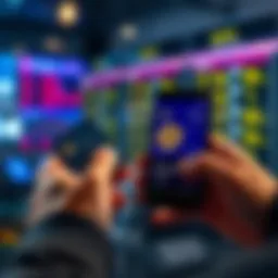 A person holding a credit card and a smartphone displaying the Exodus wallet app while looking at Bitcoin prices.