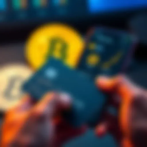 A person holding a credit card next to a Bitcoin wallet on a smartphone, symbolizing transaction options.