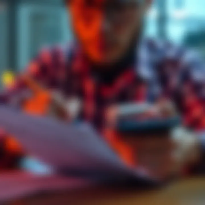 Individual examining a credit card statement with a pencil and calculator to check for unauthorized charges