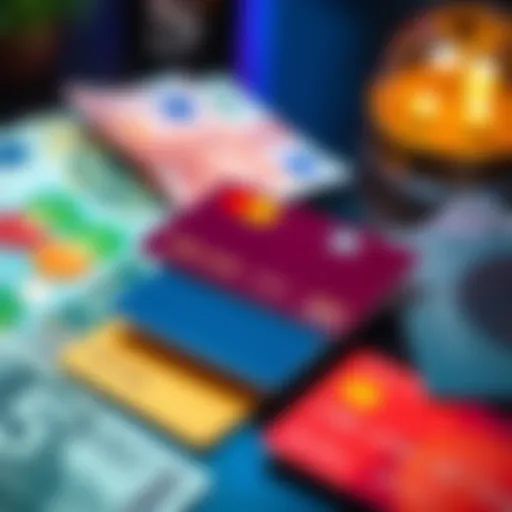 Several credit cards arranged on a table next to Euro and USD currency notes