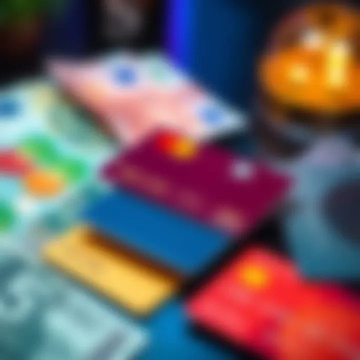 Several credit cards arranged on a table next to Euro and USD currency notes