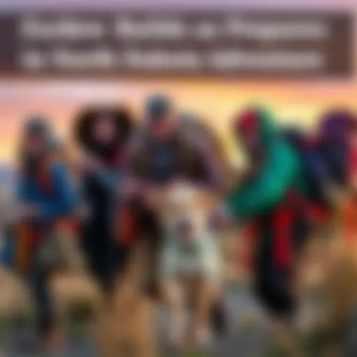 A group of excited people with backpacks and gear, accompanied by a puppy, ready for their adventure to North Dakota for hunting