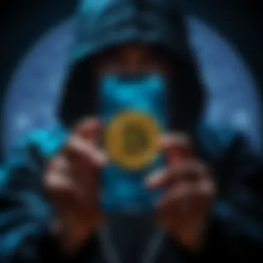 Criminals Using Bitcoin for Ransom A hooded figure holding a smartphone displaying a Bitcoin logo, symbolizing the use of cryptocurrency in ransom schemes, with a law enforcement badge in the background.