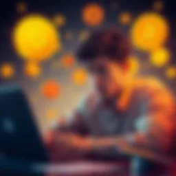 Critique of DYOR Misconception A person looking confused while researching cryptocurrency on a laptop, surrounded by crypto symbols, illustrating the challenges of DYOR advice.