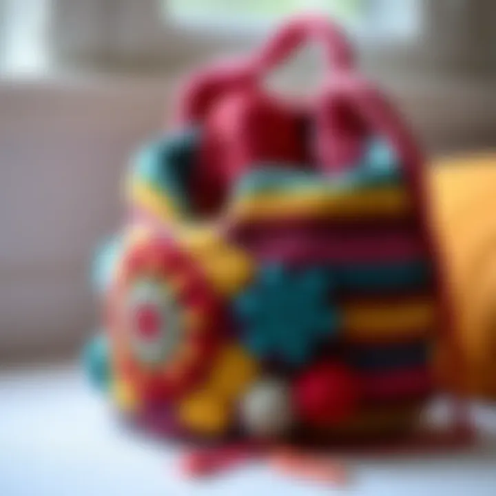 A colorful crocheted bag created from thrifted yarn, showcasing its unique patterns and textures