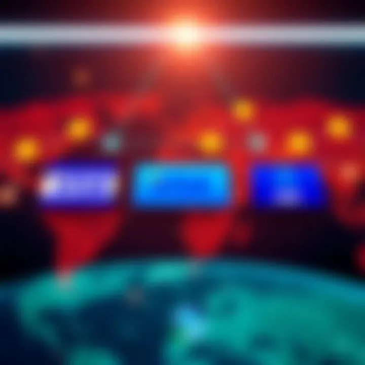 Visualization of a cross-border transaction involving Visa, ANZ, ChinaAMC, and Fidelity International with digital currency symbols and connected lines on a world map.