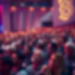 A large crowd of people attending the Bitcoin 2026 convention, some looking skeptical of the presentations on stage.