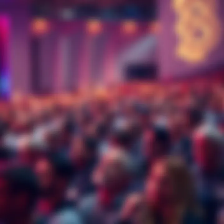 A large crowd of people attending the Bitcoin 2026 convention, some looking skeptical of the presentations on stage.