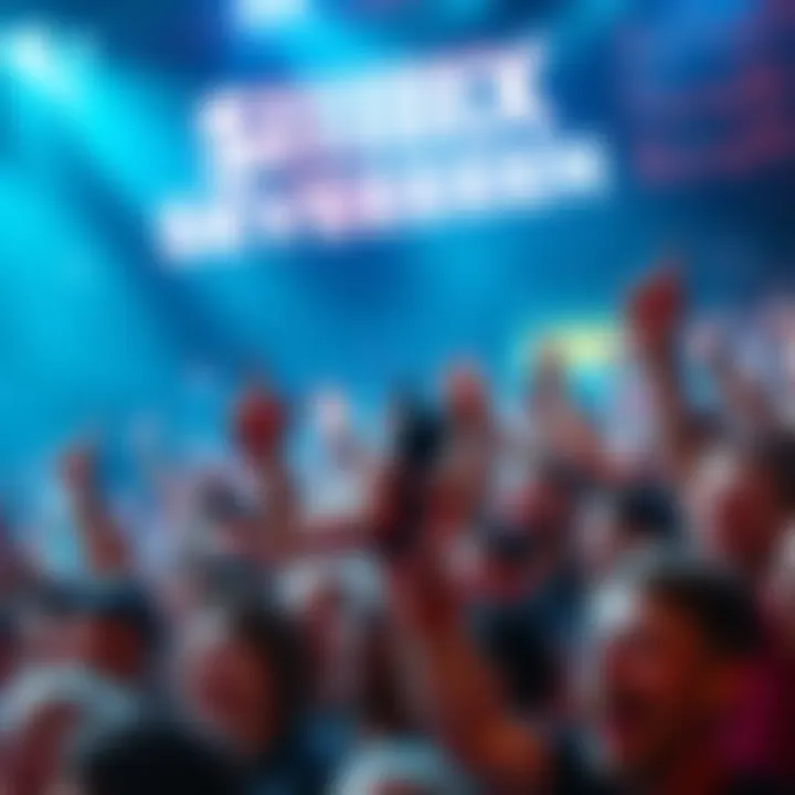 Crowd cheering with excitement A large group of people in a vibrant setting, cheering and celebrating with lively expressions, conveying the energy around the phrase SIIIIIX SEVEEEEEEEEEEEEEN.