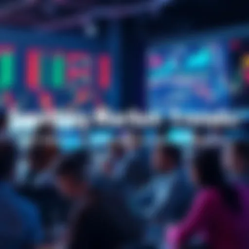 A group of traders discussing market trends, with charts and laptops around them.