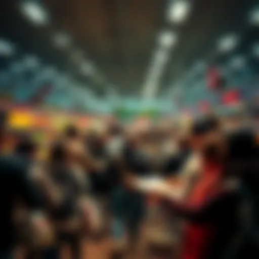 A crowded grocery store aisle with people grabbing products during a sale, showing signs of panic buying.