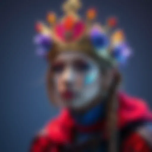 A colorful crown design worn by a person in cosplay attire, showcasing creativity and detail.