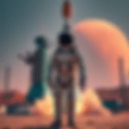 A cryptocurrency billionaire in a space suit standing in front of a SpaceX rocket, preparing for a crewed mission to Mars.