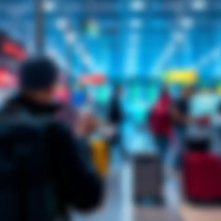 A traveler using a crypto card at an international checkout while holding luggage