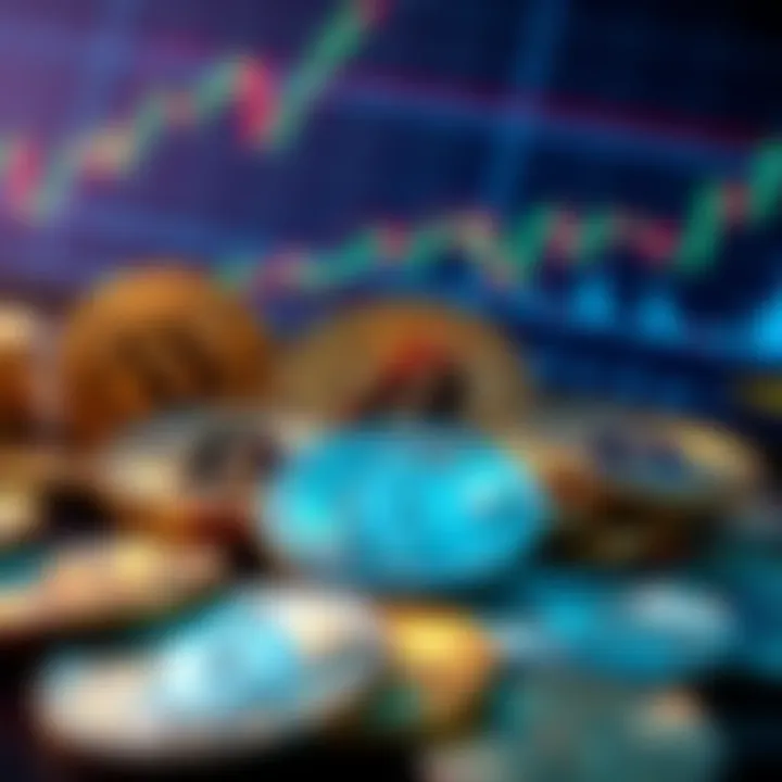 A collection of cryptocurrency coins with financial charts in the background, symbolizing market growth and maturity.