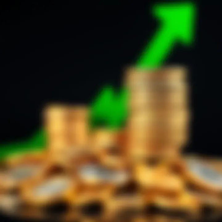 A pile of shiny cryptocurrency coins representing stacking sats and hodling, with a green upward trend arrow in the background, symbolizing investment growth.