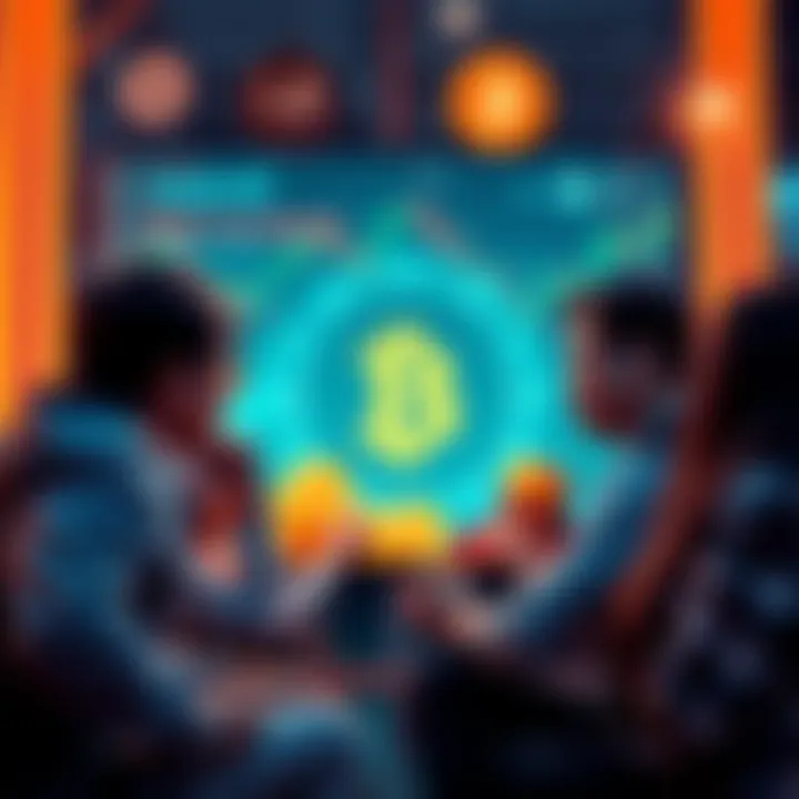 A group of people discussing cryptocurrency, sharing tips on safe trading and caution against scams. A digital currency graphic is included in the background.