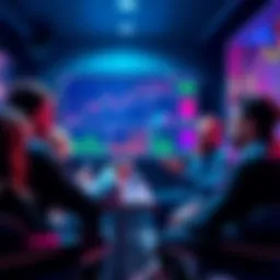 A group of people sharing cryptocurrency insights in a lively discussion, with charts and graphs on a screen in the background.