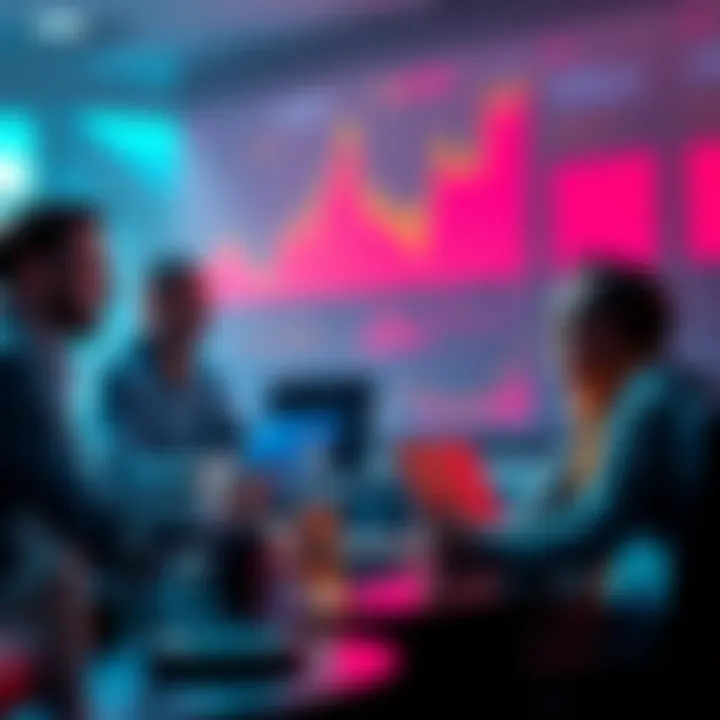 A group of people engaged in a lively discussion about cryptocurrency trends with charts and laptops.
