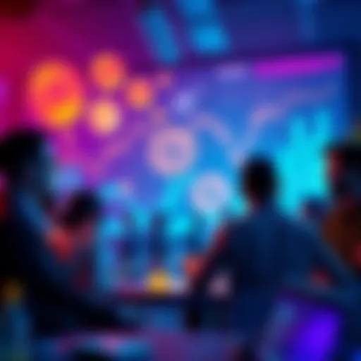 Crypto Discussion Group A group of people engaged in conversation about cryptocurrency, with graphics of coins and charts in the background.