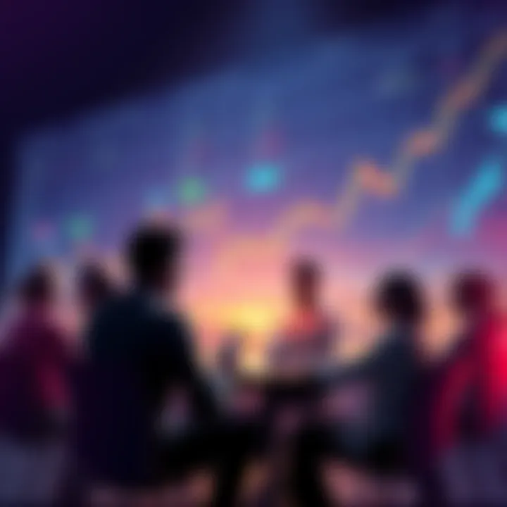 A group of people discussing cryptocurrency trends and trading tips, with charts and graphs in the background.