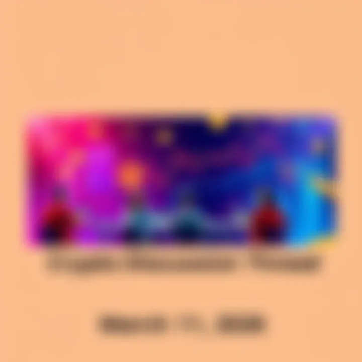 A vibrant graphic showing people discussing cryptocurrency with charts and coins around them.