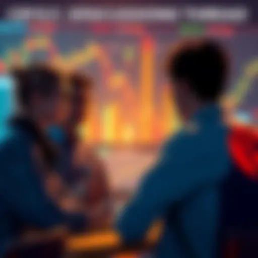 People discussing cryptocurrency with charts and graphs in the background