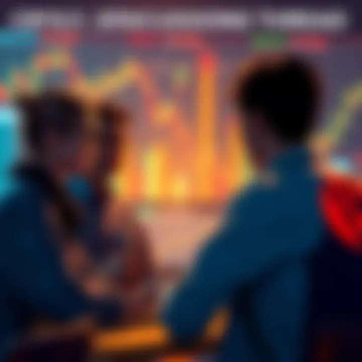 People discussing cryptocurrency with charts and graphs in the background
