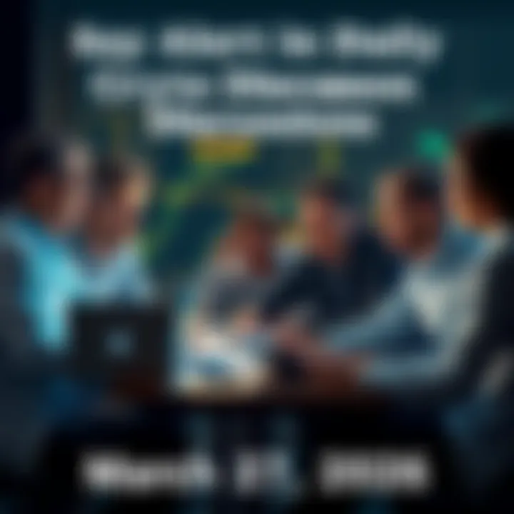 A group of people engaged in a serious talk about cryptocurrency trading, laptops open and notes scattered around.