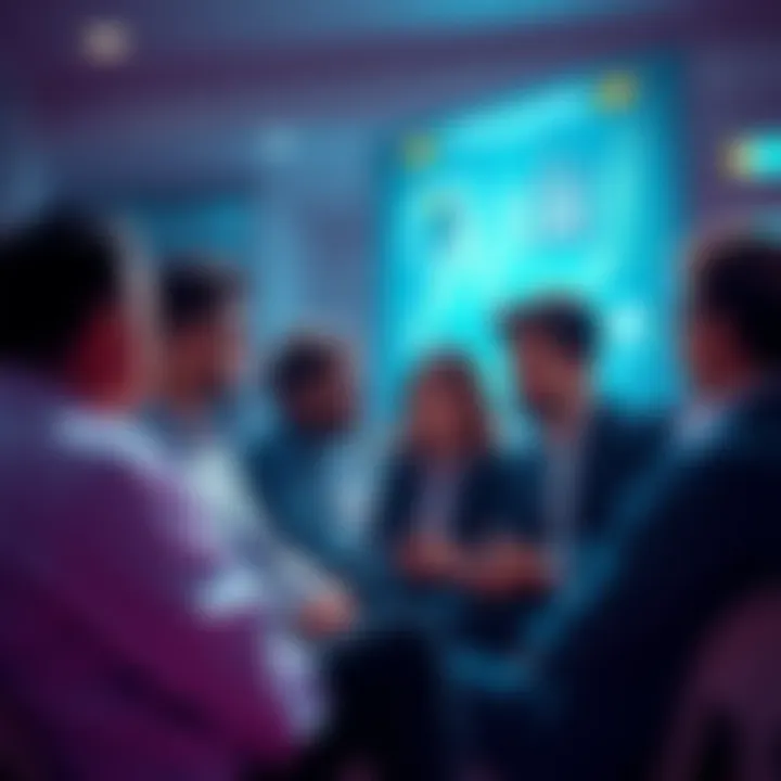 People discussing crypto investing A group of people engaged in a discussion about decentralized finance and crypto investing