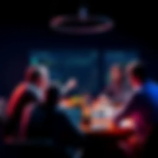 A group of people gathered around a table discussing cryptocurrency trends, with charts and laptops visible, emphasizing community dialogue.