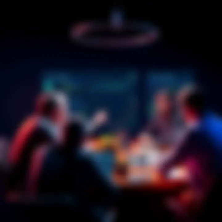 A group of people gathered around a table discussing cryptocurrency trends, with charts and laptops visible, emphasizing community dialogue.