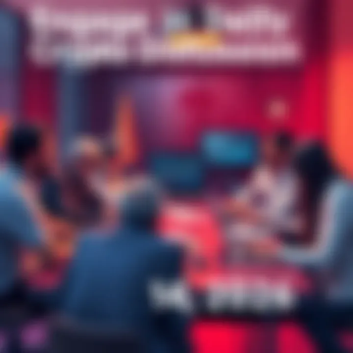 People engaged in a lively discussion about cryptocurrency trends around a table with laptops and charts