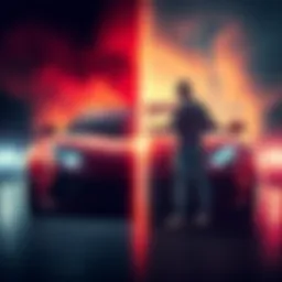 A split image showing a shiny supercar like a Lamborghini on one side and a person looking at a modest used car on the other, symbolizing the shift in crypto aspirations