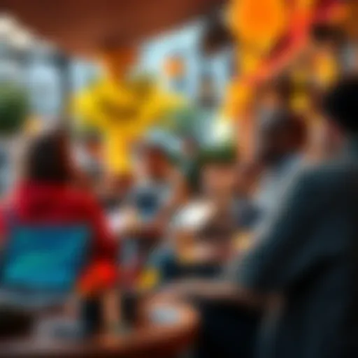 A group of people discussing cryptocurrency trends at an outdoor cafe, with laptops and digital charts visible on their screens.