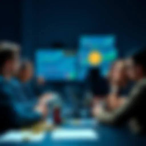 A group of people enthusiastically discussing cryptocurrency on a forum with charts and coins displayed on screens.