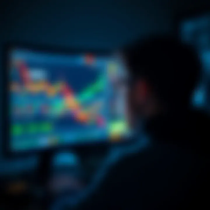 A person looking at a computer screen with crypto charts, showing both profits and losses, while contemplating tax implications.