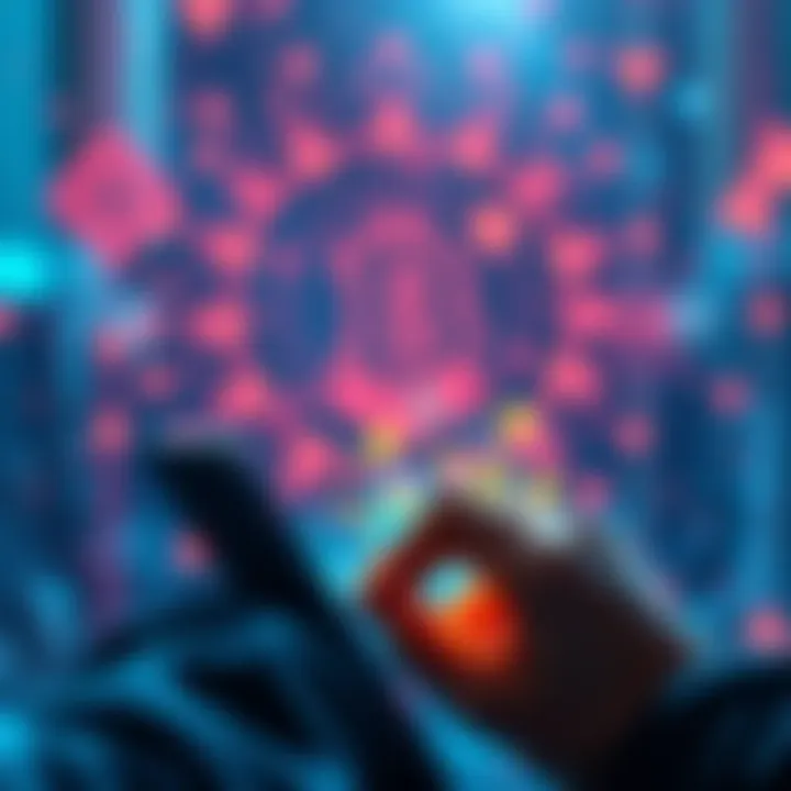 Crypto Innovations A person using a smartphone to manage cryptocurrencies, with symbols of blockchain technology in the background.