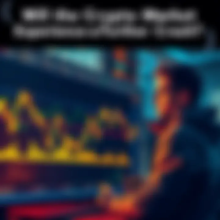 A graph showing declining cryptocurrency prices with a worried investor watching the screen.