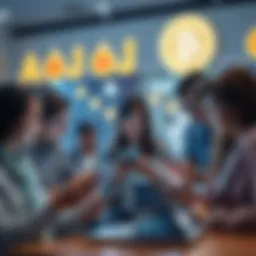 Group of people engaging with various cryptocurrency applications on their smartphones and laptops