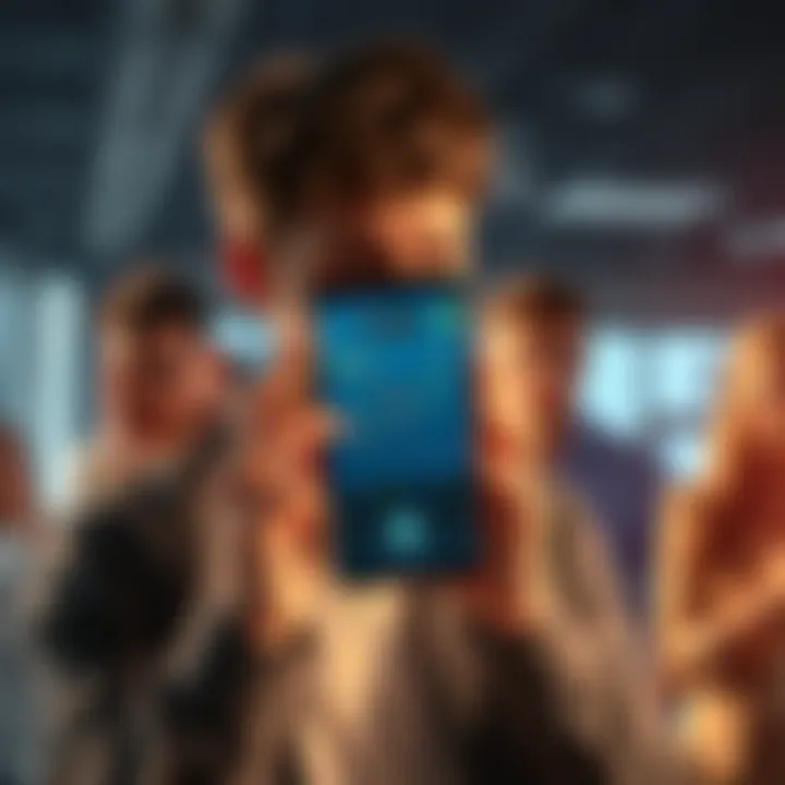 A coworker looking worried while holding a phone displaying a cryptocurrency chart, with a background of confused colleagues.