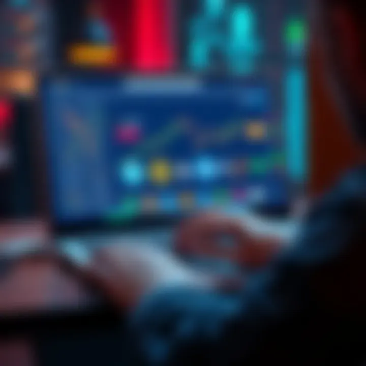 A person using a laptop to explore different cryptocurrency selling platforms, with charts and crypto symbols on the screen.