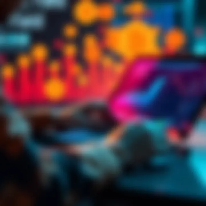 A close-up of a person analyzing charts and graphs on a laptop related to crypto yield coins with digital currency icons in the background