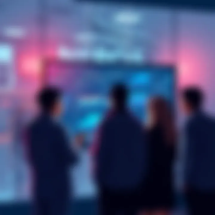 A group of people discussing cryptocurrency trends with charts and graphs on a screen